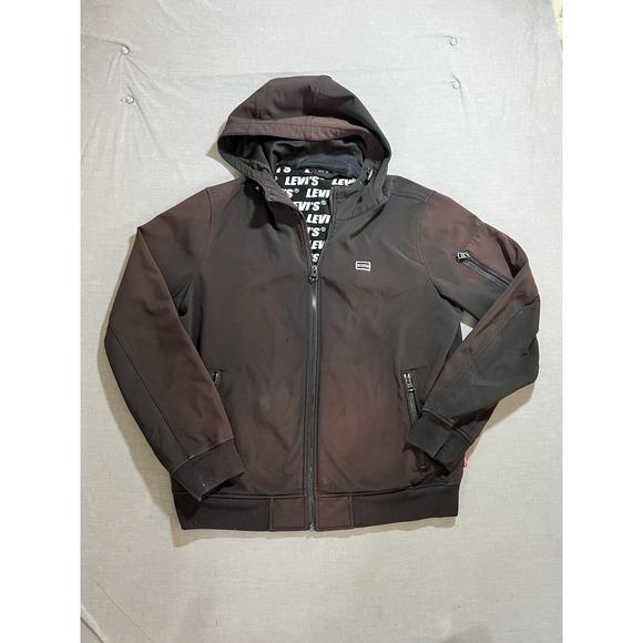 Levis Jacket Mens‎ Large Brown Hoodie All Over Lined Windbreaker Hooded Coat - Picture 1 of 11